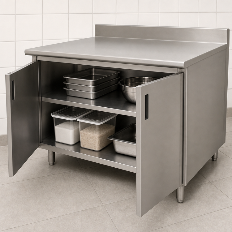 Product image #3 for Advance Tabco Special Value Series Economy Enclosed Work Table with Cabinet Base and Hinged Doors, 84 x 30 Inches, 5-Inch Backsplash