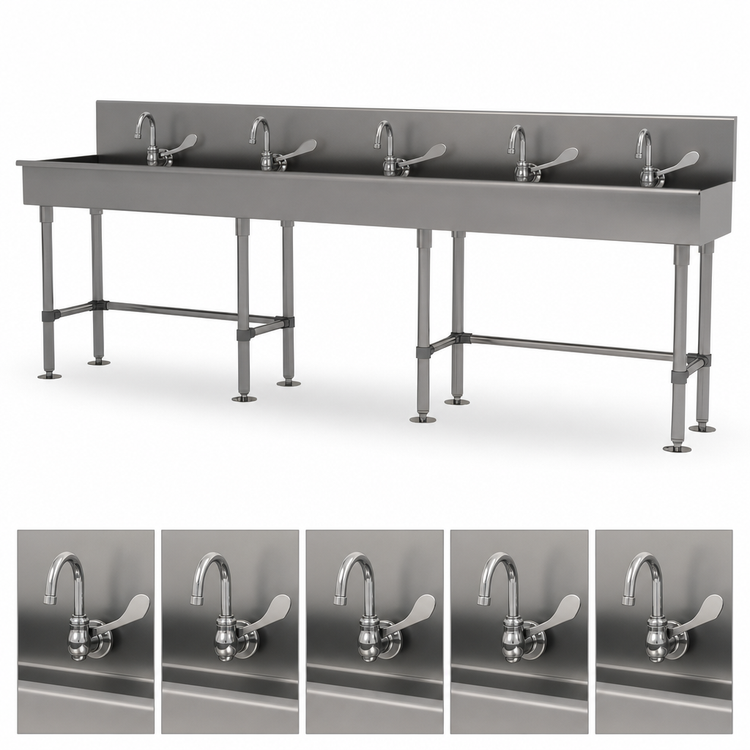 Product image #3 for Advance Tabco 100-Inch ADA-Compliant Freestanding Multiwash Hand Sink with 5 Wrist-Blade Faucets