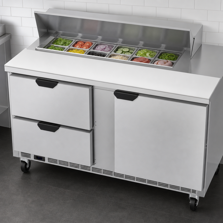 Product image #4 for Beverage Air Two-Section Sandwich Top Refrigerated Prep Table, 60-Inch, 1 Door, 2 Drawers, 12-Pan Capacity