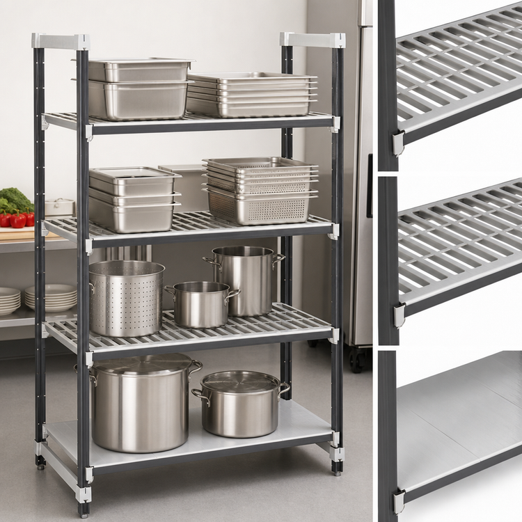 Product image #3 for Cambro Camshelving Elements XTRA Stationary Starter Shelving Unit, 18 x 72 x 84 Inches, 4-Tier, Speckled Gray