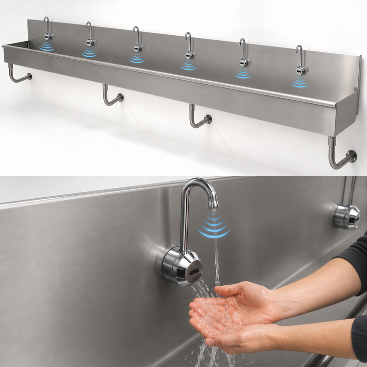 Product image #3 for Advance Tabco 6-Station Wall-Mounted Electronic Hand Sink with 6 Faucets, 120-Inch Wide