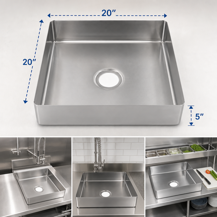 Product image #3 for BK Resources SB-16-2020-5 20 x 20 x 5 16-Gauge T-304 Stainless Steel Pre-Rinse Bowl