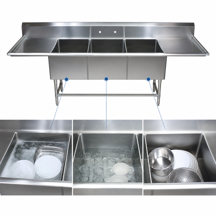 Product image #3 for John Boos Pro-Bowl 3-Compartment Stainless Steel Sink with Left and Right Drainboards