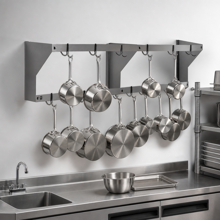 Product image #3 for Eagle Group 108 Inch Wall-Mount Double-Bar Stainless Steel Pot Rack with 18 Hooks