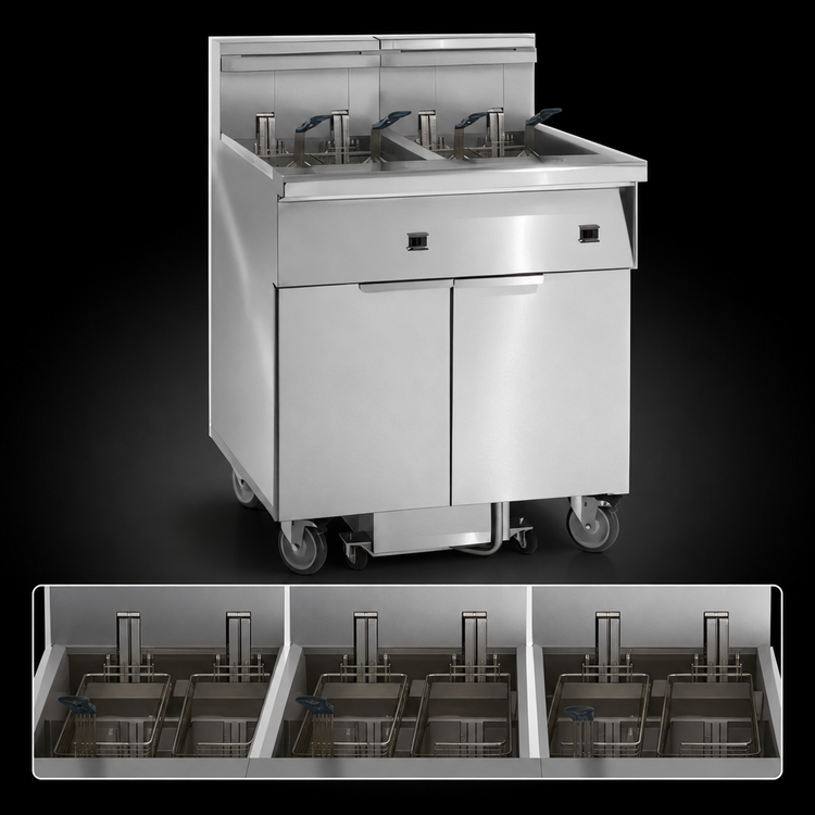 Product image #3 for Imperial IFSSP350ET Electric Floor Fryer, 3-Tank, 50 lb. Capacity Each, Built-In Filter System