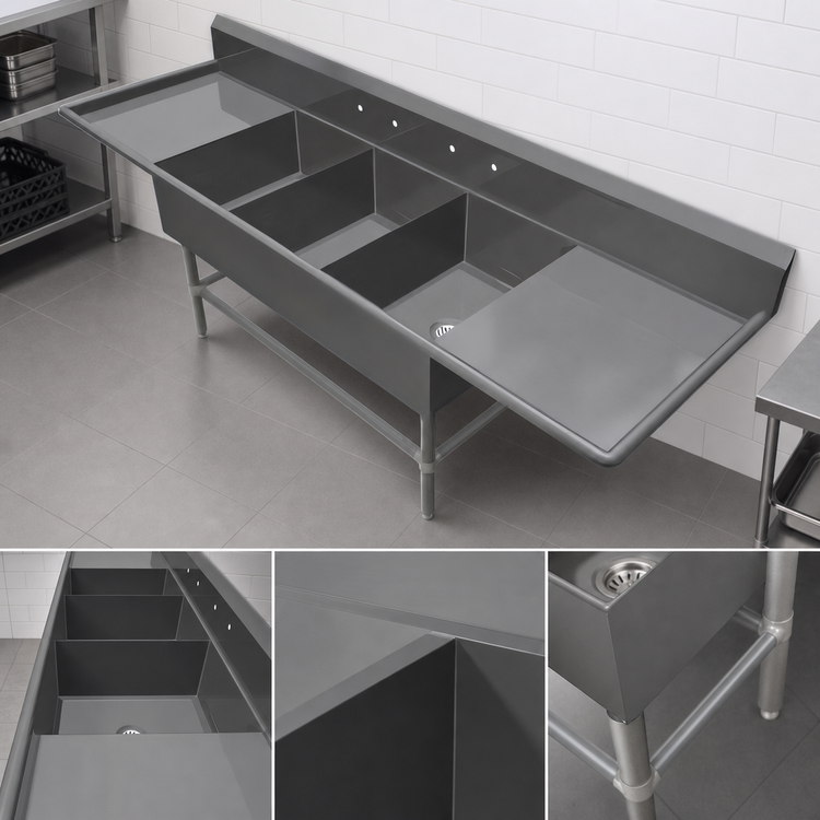 Product image #3 for 3-Compartment Stainless Steel Sink with Dual Drainboards, 12-Inch Deep Bowls