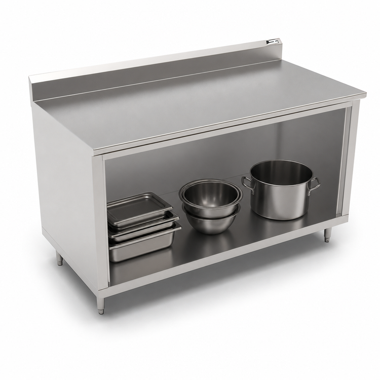 Product image #3 for John Boos 84 Inch x 36 Inch Stainless Steel Work Table with Open Front Cabinet Base, 5 Inch Backsplash and Stallion Safety Edge