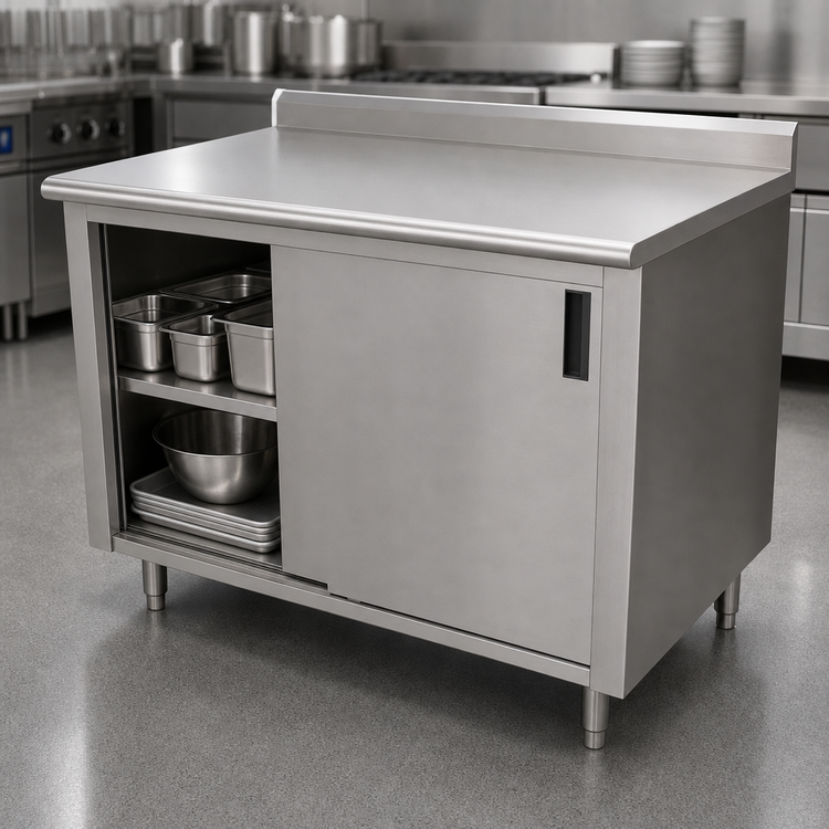 Product image #3 for Advance Tabco Enclosed Stainless Steel Work Table with Sliding Door Cabinet Base, 48 x 36 Inches, 14 Gauge Top