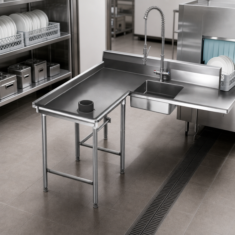 Product image #3 for Eagle Group Left-Hand Island Soiled Dish Table with 20 x 20 x 5 Pre-Rinse Sink, 96-Inch Machine-to-Corner, 16/430 Stainless Steel