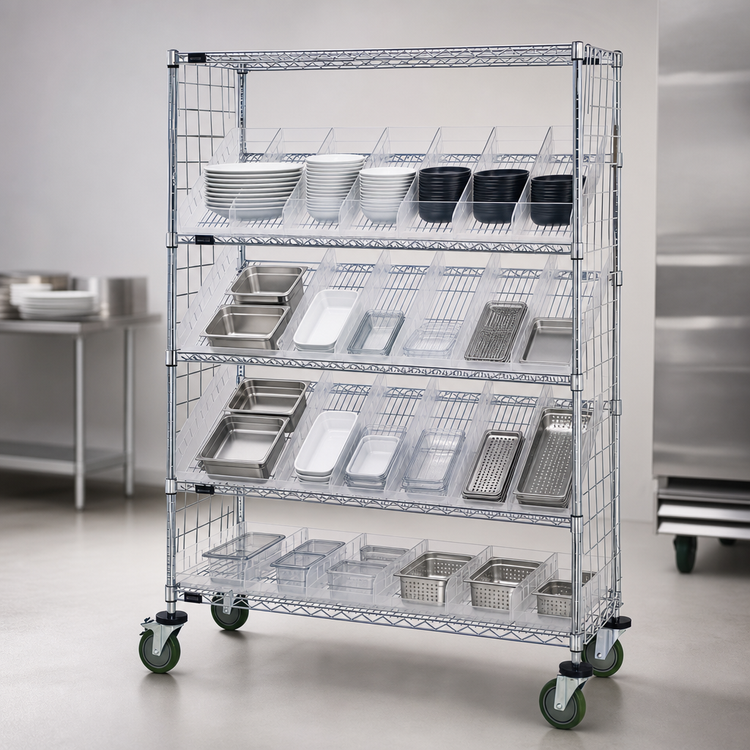 Product image #3 for Quantum Slanted Shelf Enclosure Cart with Clear Bins, 48W x 18D x 69H, Chrome Plated