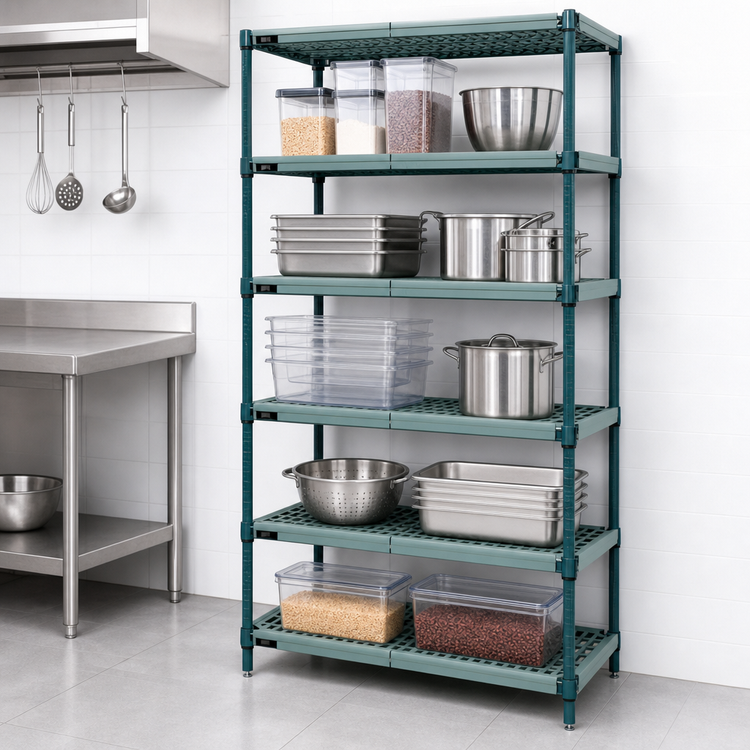 Product image #3 for Quantum 5-Tier Stationary Wire Plastic Mat Shelving Unit, 30 x 14 x 74 Inches, Green Epoxy Coated