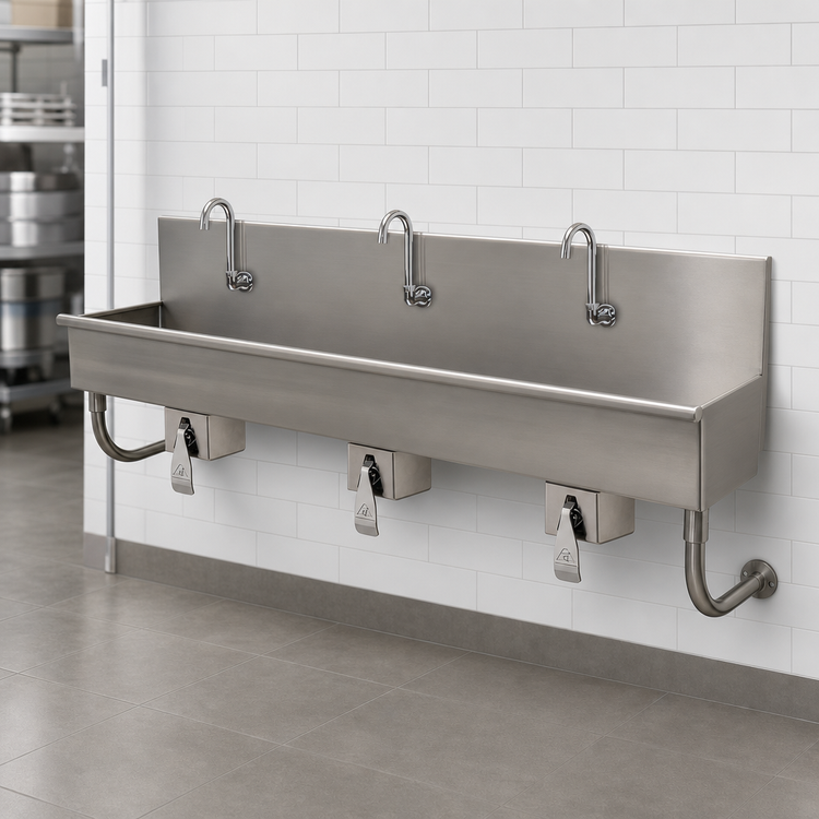 Product image #3 for Advance Tabco 72-Inch 3-Station Wall-Mounted Knee-Operated Hand Sink, 16-Gauge 304 Stainless Steel
