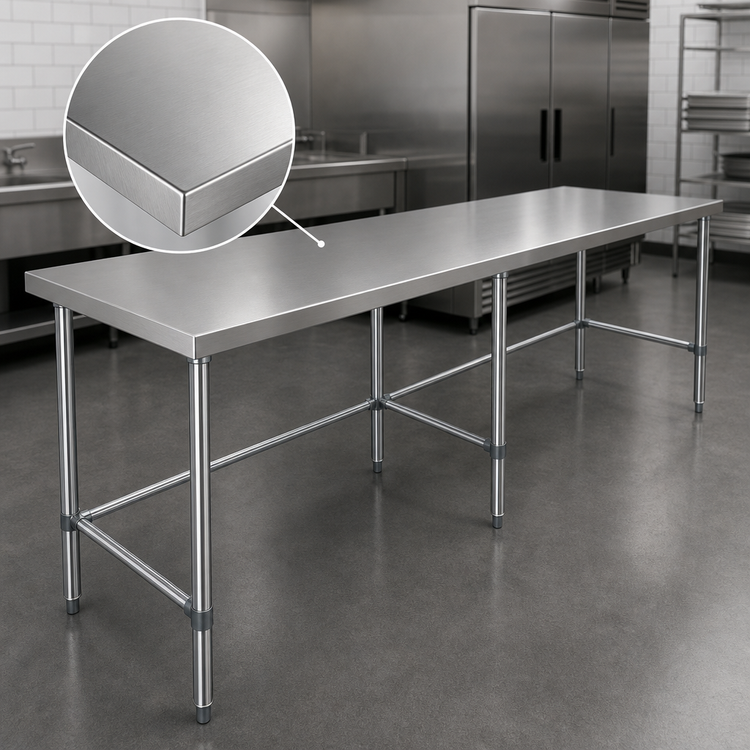 Product image #3 for Sapphire 120" x 36" 18-Gauge 430 Stainless Steel Flat Top Work Table with Open Base and Galvanized Legs