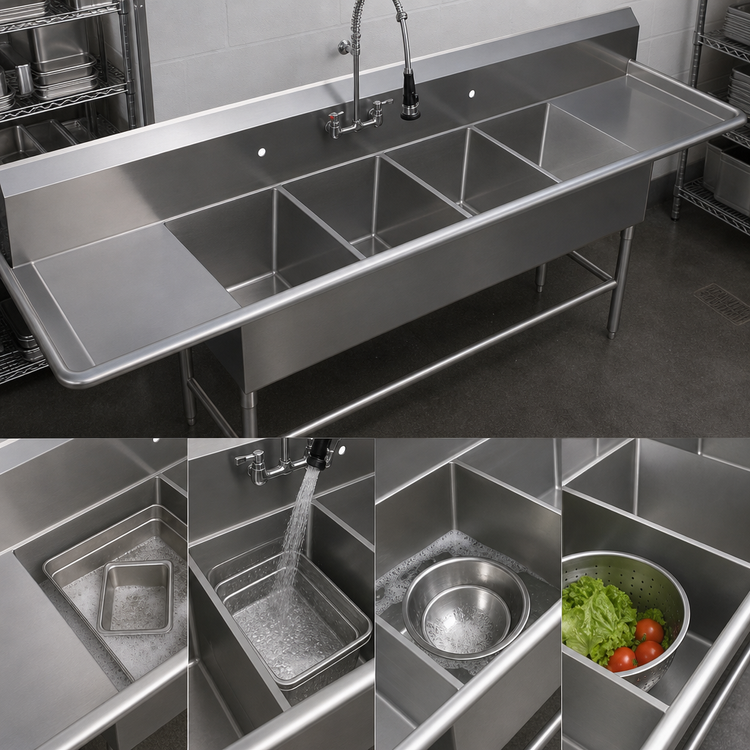 Product image #3 for John Boos Pro-Bowl 4-Compartment Sink with Left and Right Drainboards, 14-Gauge Stainless Steel, 135-1/4-Inch Wide