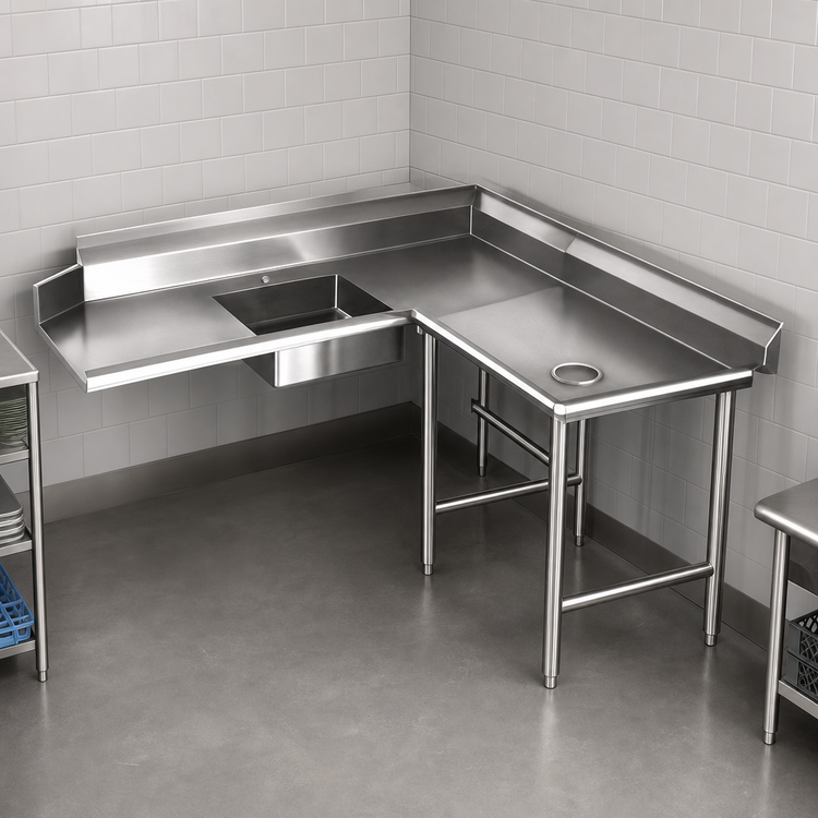 Product image #3 for Eagle Group Corner Soiled Dishtable with Pre-Rinse Sink, 120-Inch Machine-to-Corner, Right-to-Left, 16-Gauge 304 Stainless Steel