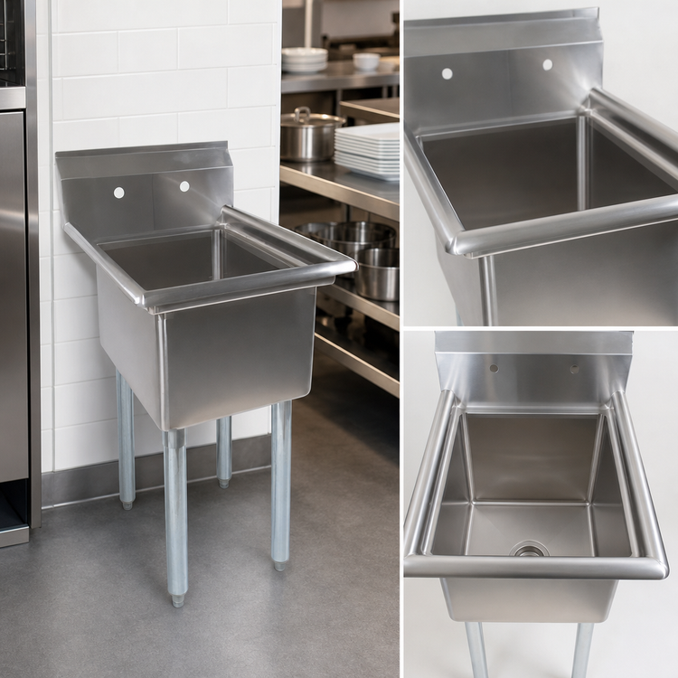 Product image #3 for John Boos E-Series 1-Compartment Stainless Steel Sink, 18 x 18 x 12 Bowl, 9-3/4-Inch Boxed Backsplash, Galvanized Legs