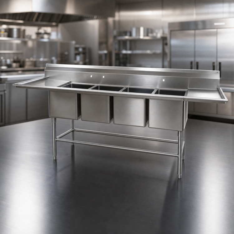 Product image #3 for Spec-Master FN Series 128" Four-Compartment Stainless Steel Commercial Sink with Dual 24" Drainboards