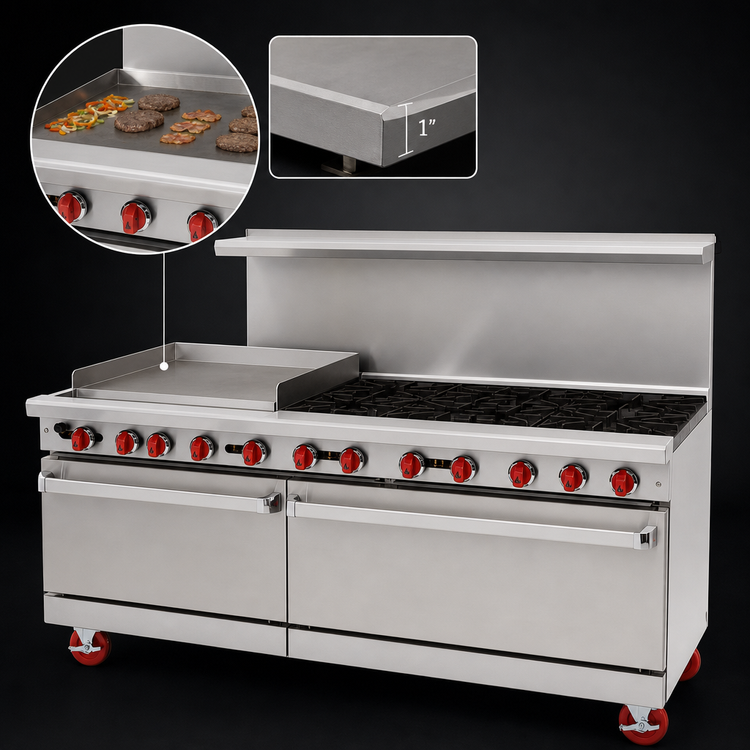 Product image #3 for American Range 60-Inch Commercial Gas Restaurant Range with 24-Inch Griddle, 6 Open Burners, Convection Oven, and Storage Base