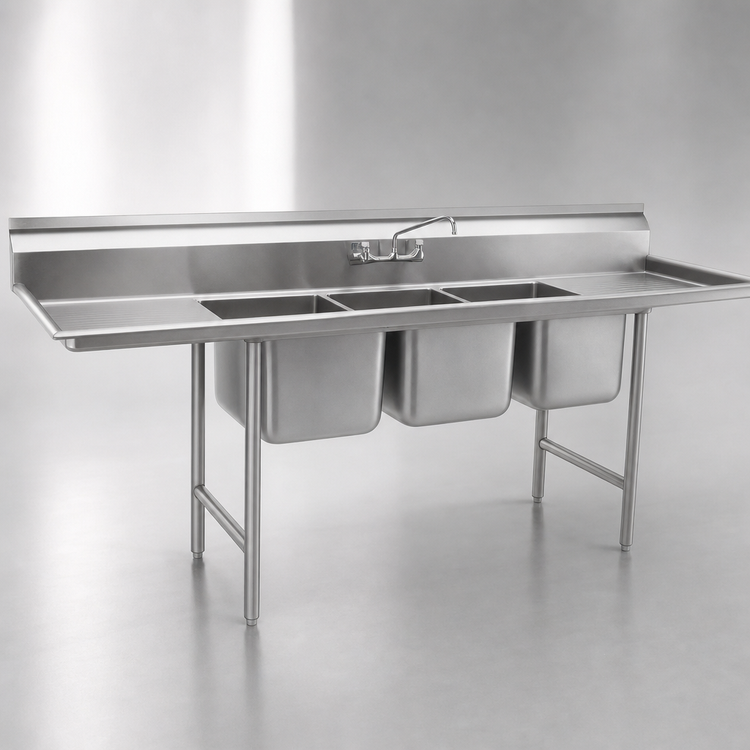 Product image #3 for Eagle Group 314 Series 3-Compartment Stainless Steel Sink with Left and Right Drainboards, 90 Inch Wide