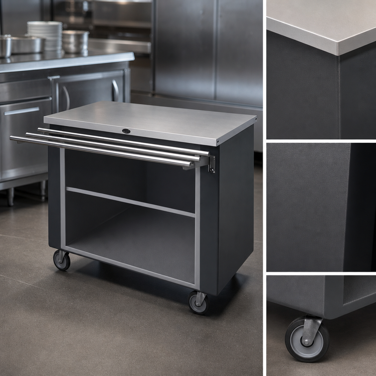 Product image #3 for Randell Mobile Modular Fiberglass Utility Worktop Serving Station with Stainless Steel Top and Open Storage Base