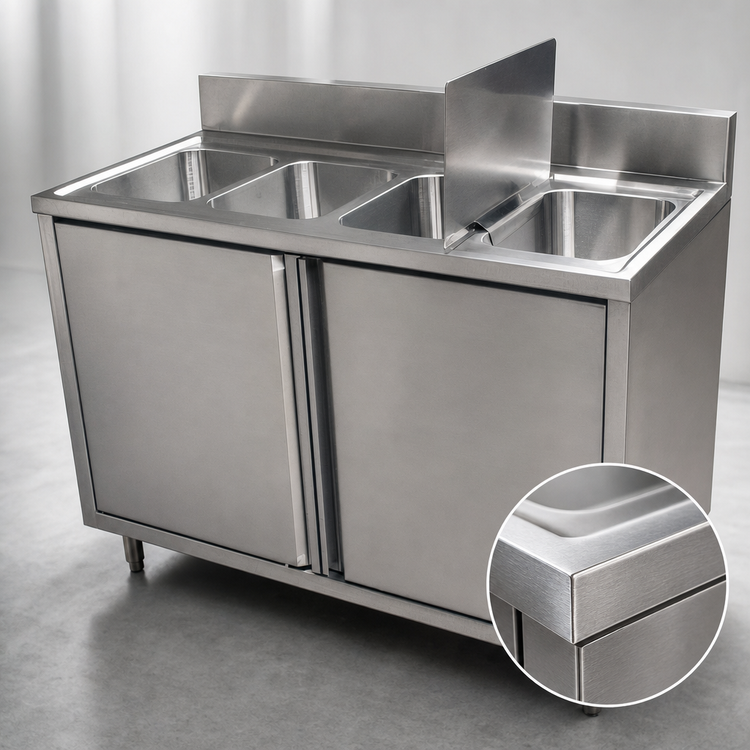 Product image #3 for BK Resources 4-Compartment Stainless Steel Sink Cabinet with Hinged Doors, 48 x 24 Inches