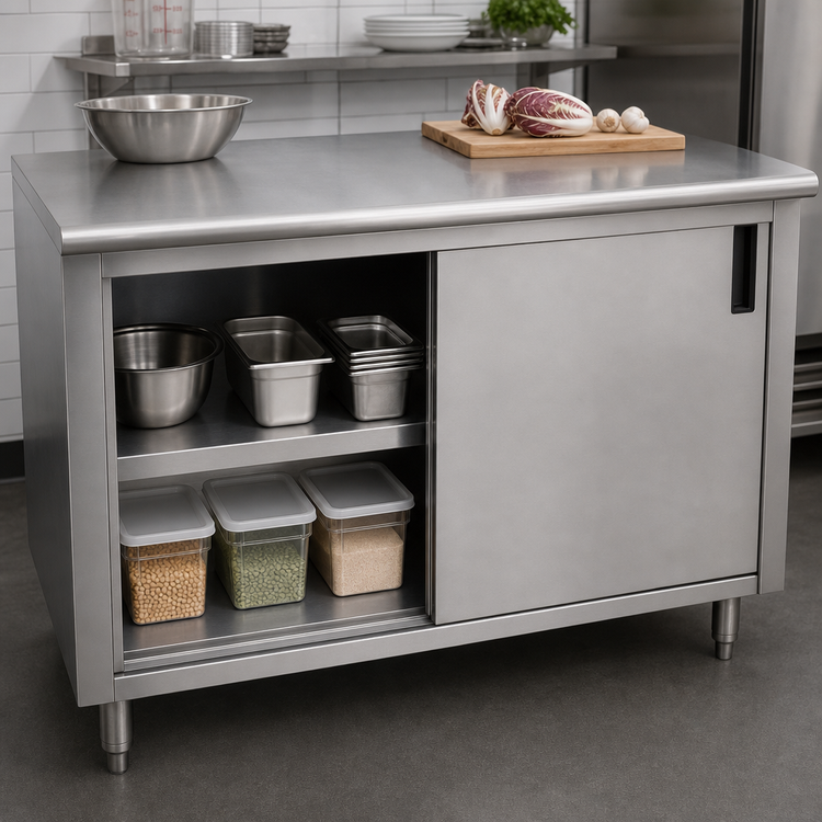 Product image #3 for Advance Tabco 48" W x 36" D Enclosed Work Table with Cabinet Base, Mid-Shelf, Sliding Doors, and 14-Gauge 304 Stainless Steel Top