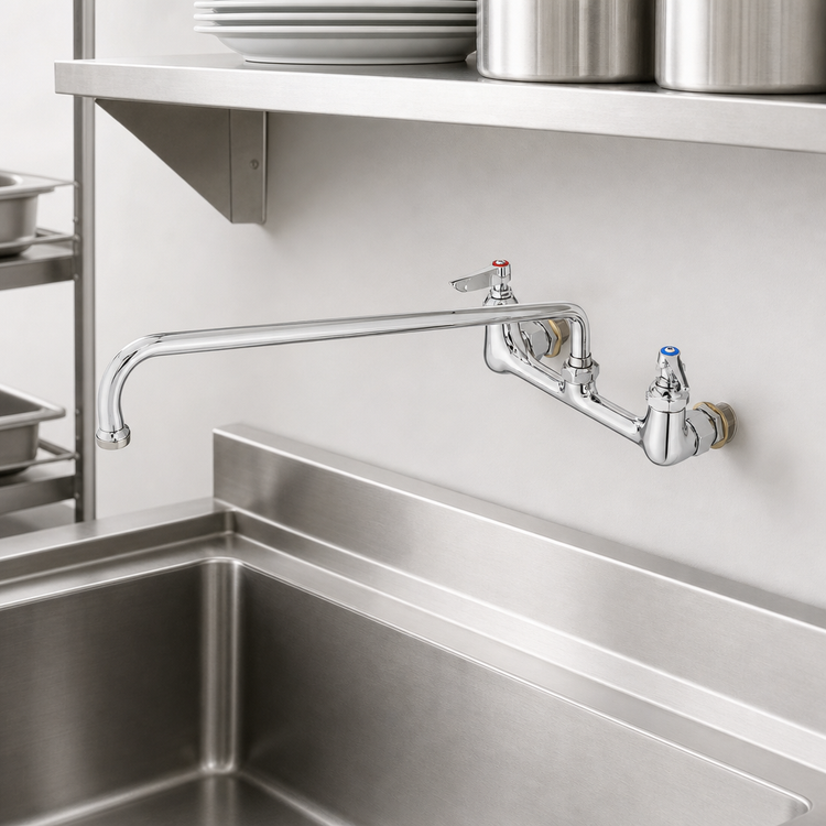 Product image #3 for T&S Brass Double Wall-Mount Pantry Mixing Faucet with 18-Inch Swing Nozzle, 8-Inch Centers, Lever Handles, and Quarter-Turn Cerama Cartridges