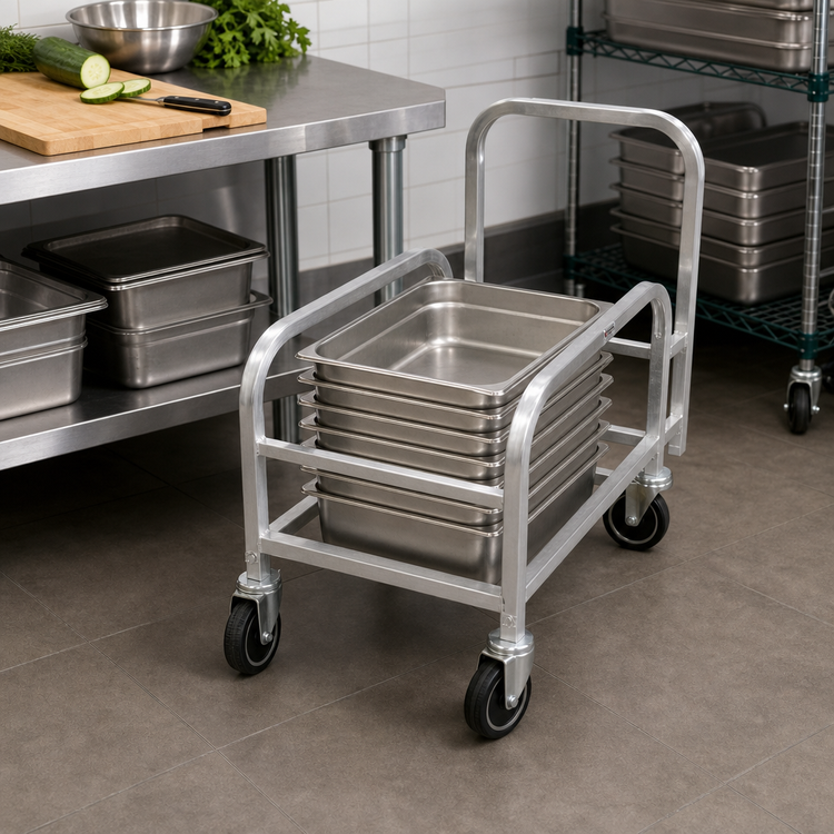 Product image #3 for Omcan Half-Size Mobile Aluminum Lug Rack with Handle, Open Sides, and 5-Inch Casters