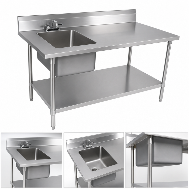 Product image #3 for John Boos 60-Inch Stainless Steel Prep Table With Left Sink Bowl, Backsplash, and Undershelf