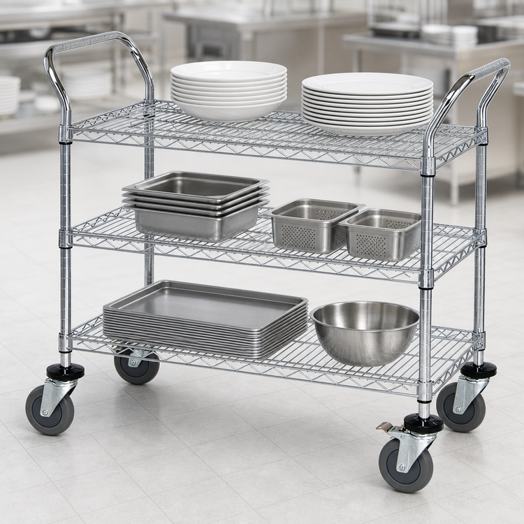 Product image #3 for Quantum 48-Inch x 18-Inch 3-Shelf Chrome-Plated Wire Utility Bus Cart