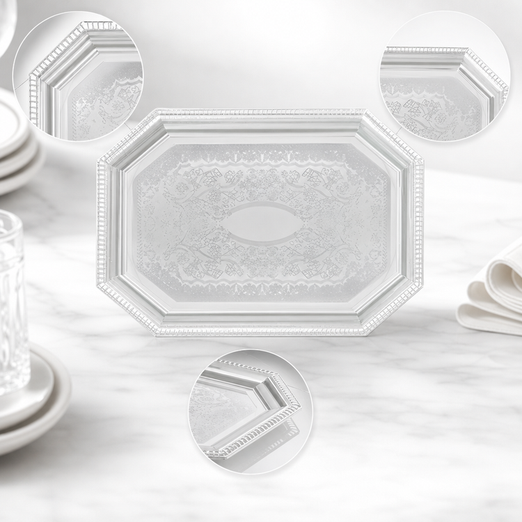 Product image #3 for Winco 20 x 14 Inch Octagonal Chrome Plated Serving Tray with Gadroon Edge