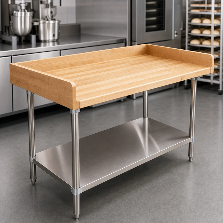 Product image #3 for Advance Tabco 72" x 30" Bakers' Table with 1-3/4" Wood Top, Stainless Steel Undershelf and 4" Splashes