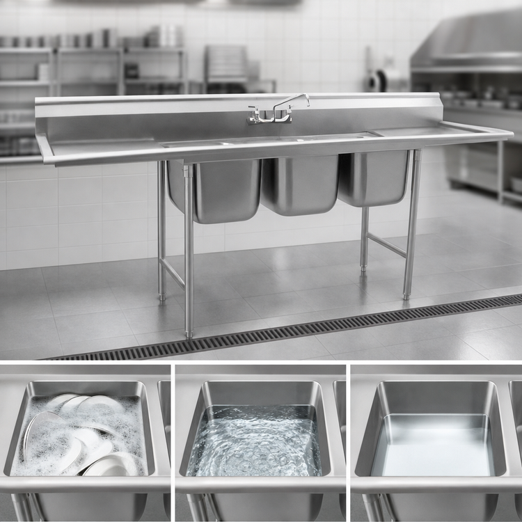Product image #3 for Eagle Group 314 Series 3-Compartment Floor Model Sink, 58-3/4 Inch Wide, 304 Stainless Steel