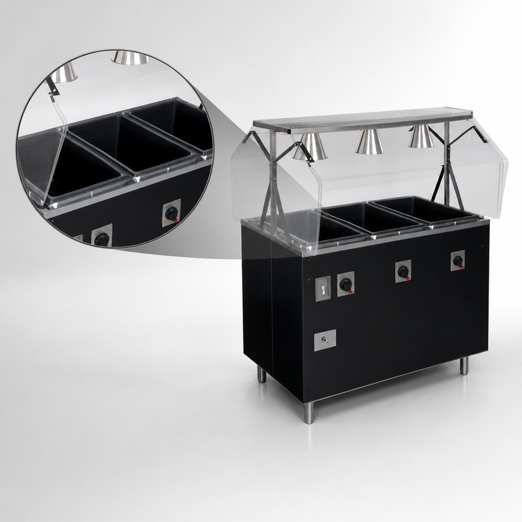 Product image #3 for Vollrath 2-Series Affordable Portable 3-Well 46-Inch Mobile Hot Food Station, 120V, Open Storage Base, Buffet Breath Guard
