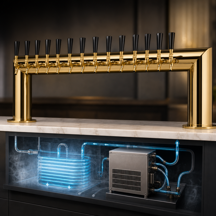 Product image #3 for Pass-Thru Glycol-Cooled Countertop Draft Beer Tower with 14 Faucets, PVD Brass Finish