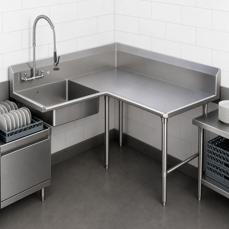 Product image #3 for John Boos Pro-Bowl 60" x 60" Corner Soiled Dishtable with 20" x 20" Pre-Rinse Sink Bowl, Right-to-Left, 14-Gauge Stainless Steel
