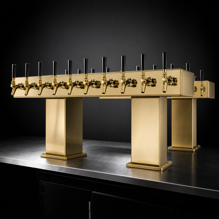 Product image #3 for Back-to-Back Bridge Tee Extra High Countertop Glycol-Cooled Draft Beer Tower, Brass Finish, 20 Faucets