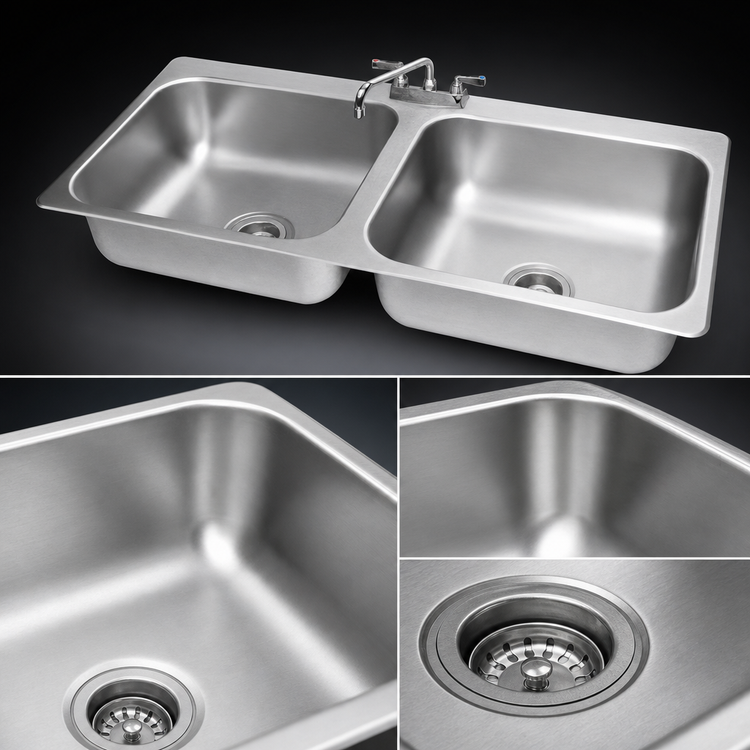 Product image #3 for Advance Tabco Two-Compartment Drop-In Sink, 18-Gauge 304 Stainless Steel, with 8-Inch Swing Spout Faucet and Basket Drains