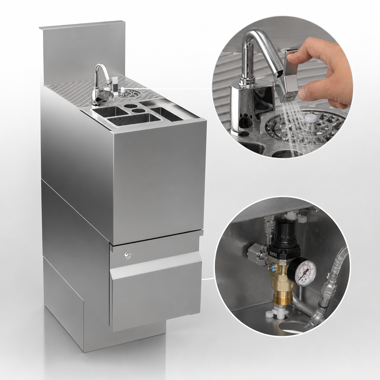 Product image #3 for Krowne Alchemy Series 12-Inch Underbar Tool Caddy with Glass Rinser Faucet, 4 Wet Bins and Dry Bin