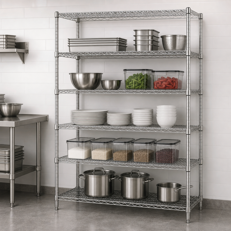 Product image #3 for Quantum 5-Shelf Stationary Wire Shelving Starter Kit, 72"W x 12"D x 86"H, 304 Stainless Steel