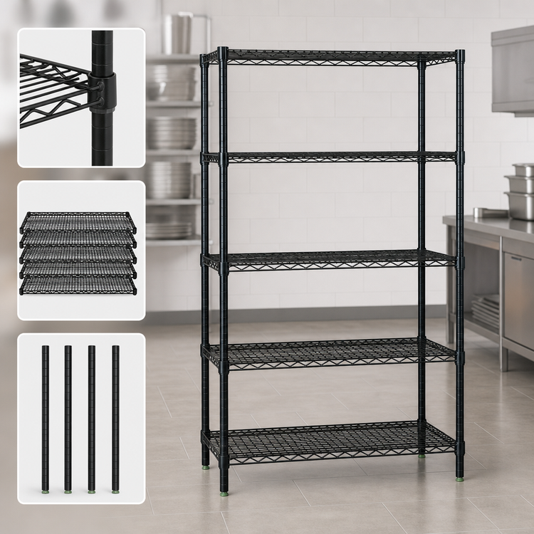 Product image #3 for Quantum 5-Shelf Wire Shelving Starter Kit, 48" W x 36" D x 63" H, Black Epoxy Antimicrobial Finish