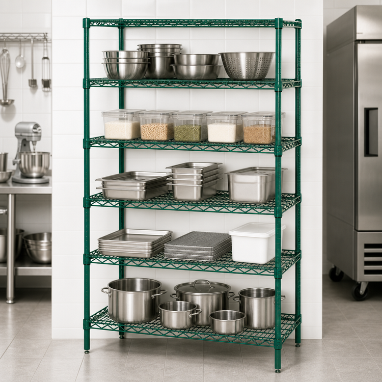Product image #3 for Quantum 48-Inch Wide 5-Shelf Wire Shelving Starter Kit, 12-Inch Deep x 86-Inch High, Green Epoxy Antimicrobial Finish