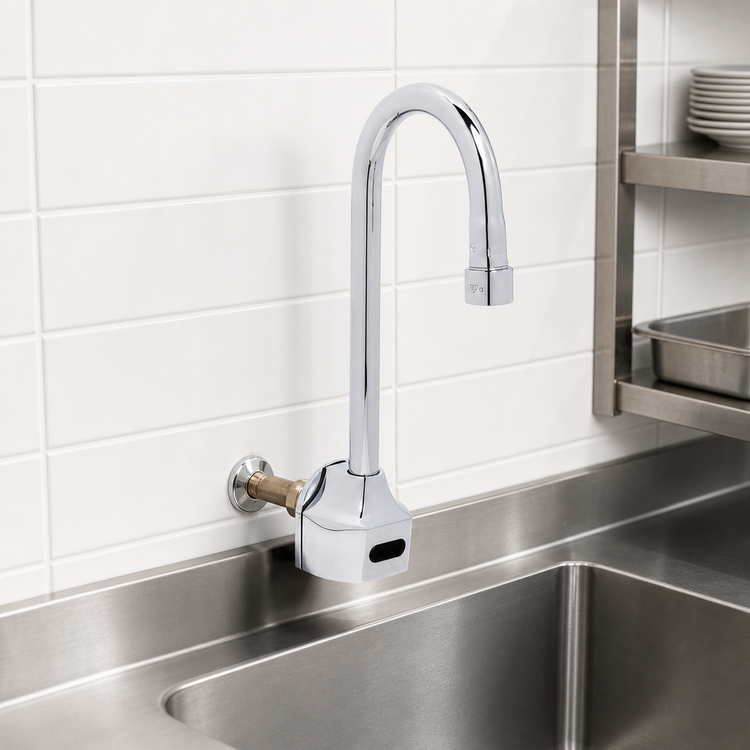 Product image #3 for ChekPoint Electronic Wall-Mount Touchless Faucet with Rigid Gooseneck Spout, Mixing Tee, and AC/DC Control Module