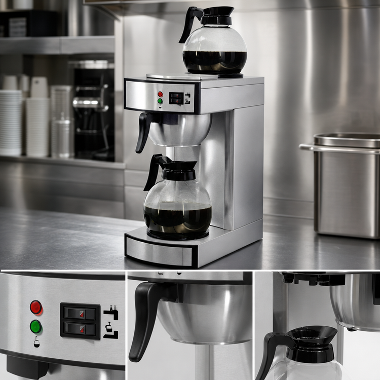 Product image #3 for Omcan Stainless Steel Manual Pourover Commercial Drip Coffee Maker with 2 Glass Decanters and 2 Warmers