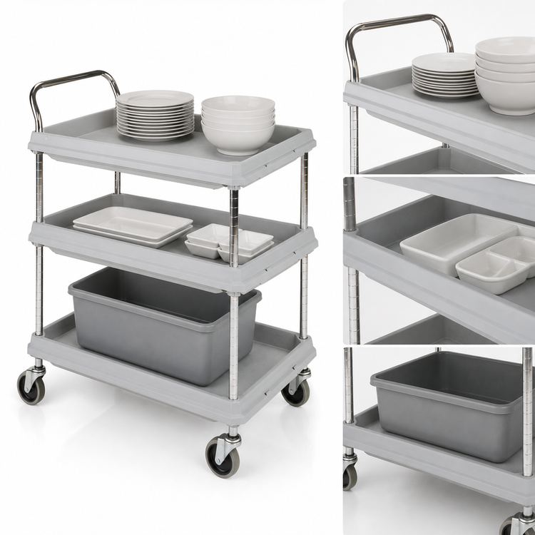 Product image #3 for Metro Deep Ledge 3-Tier Polymer Utility Bus Cart with Open Base, Gray