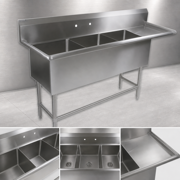 Product image #3 for John Boos Pro-Bowl 3-Compartment Stainless Steel Sink with 30-Inch Right Drainboard, 18 x 24 x 12-Inch Bowls