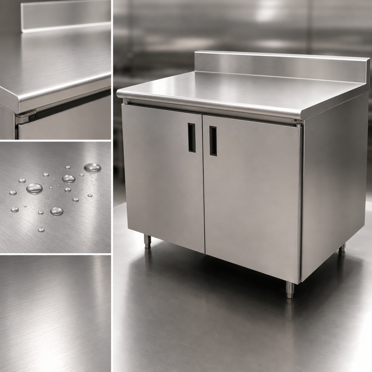 Product image #3 for Advance Tabco Special Value Economy 48" x 30" Enclosed Work Table with 16-Gauge 304 Stainless Steel Top, Cabinet Base and 5" Backsplash