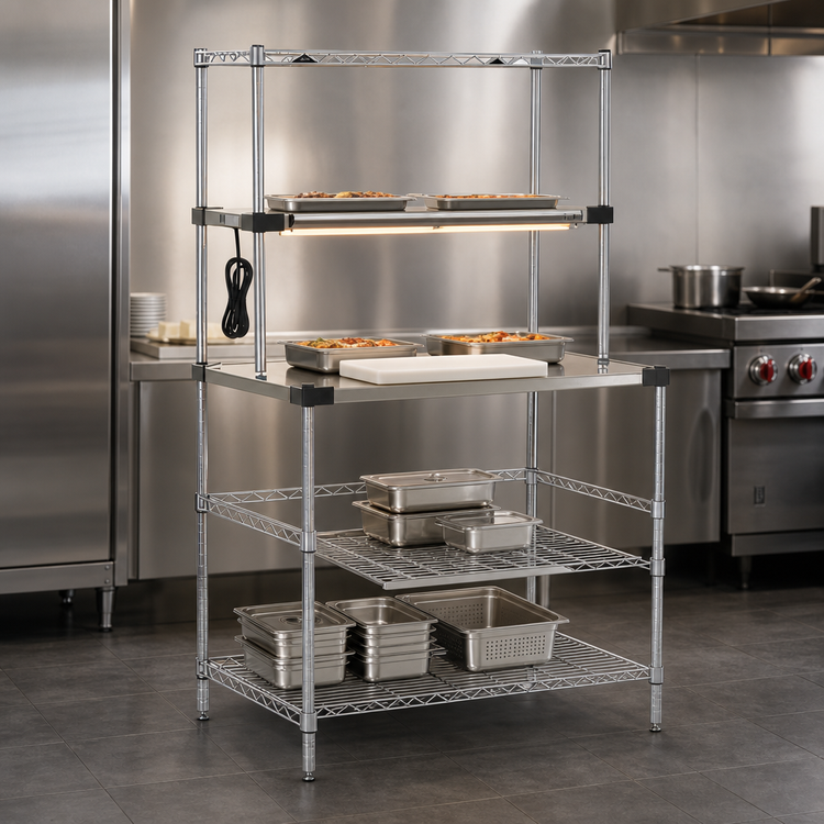 Product image #4 for Metro Super Erecta Hot 36 Inch x 24 Inch Stainless Steel Workstation with 3-Sided Open Base, Open Heated Shelf, and Wire Overshelf