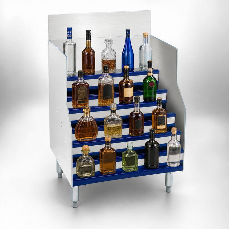 Product image #3 for Advance Tabco Prestige Signature Series 36-Inch Five-Step Stainless Steel Freestanding Liquor Bottle Display Unit