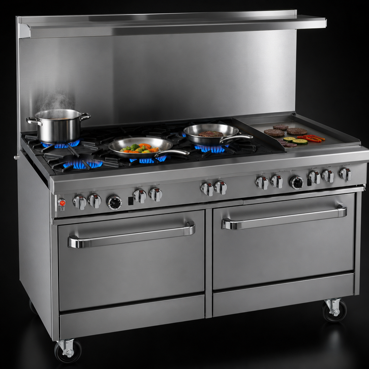 Product image #3 for Southbend Ultimate 60-Inch Gas Restaurant Range with 4 Pyromax Burners, 24-Inch Griddle, Convection Oven, and Cabinet Base